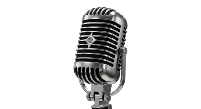 Vintage microphone isolated on transparent background, retro broadcast mic png