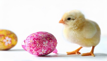 adorable yellow chick with colorful easter eggs on white background perfect for spring designs, web banners, greeting cards, and festive branding

