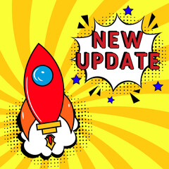 New Update. Comic book explosion with text New Update. Banner for business, marketing and advertising. Social Media banner. Vector bright cartoon illustration in retro pop art style. Creative poster.