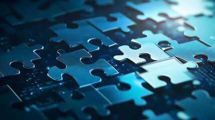 Digital puzzle pieces interlocking seamlessly, glowing against a futuristic blue abstract background, symbolizing the concept of API integration and seamless connectivity