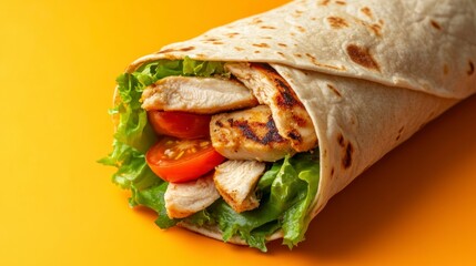Close-up of a delicious chicken wrap filled with grilled chicken, lettuce, and cherry tomatoes on a vibrant orange background.