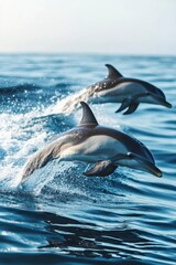 Naklejka premium Playful Dolphins Jumping Gracefully Above Sparkling Ocean Waves