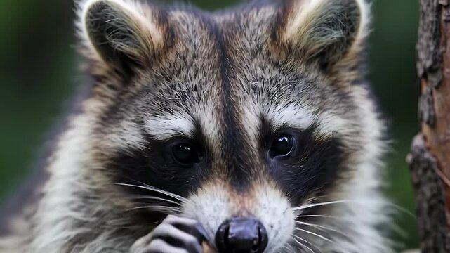 Detailed Close Up Portrait of a Raccoon Feeding on Twigs in a Forest with Green Blurred Background Wildlife Footage Featuring Natural Textures and Curious Gaze
