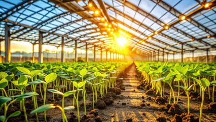 Golden Hour in a Greenhouse Rows of Vibrant Young Seedlings Basking in the Warm Sunlight of a Modern Agricultural Facility