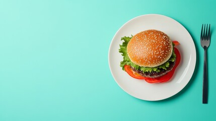 Juicy burger on a white plate, showcasing simplicity and indulgence in every bite.