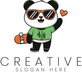 Cool Panda Skateboarder Cartoon Illustration Design Graphic fun kid cute logo icon happy green black