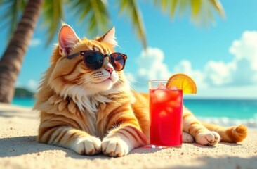 cat in sunglasses with a glass of cocktail lies on the beach under a palm tree