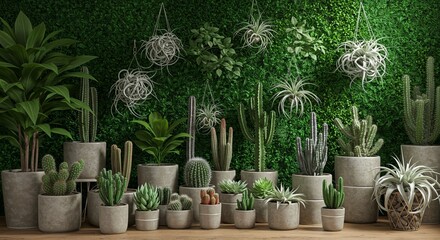 Stylish composition of home garden interior filled a lot of beautiful plants, cacti, succulents, air plant in different design pots. Green wall paneling. Template. Home gardening concept Home jungle.