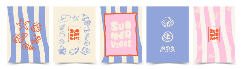 Abstract summer poster set with trendy hand drawn beach and vacation doodle elements. Trendy sketchy line art for wall decor, card, branding, ads, print. © Svitla