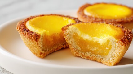 Golden Egg Tarts on White Plate with Soft Focus Background, Warm Toned Dessert Photography.