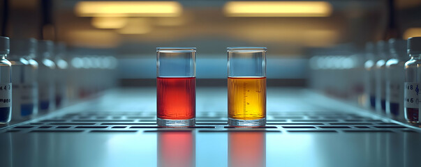 Lab Sample Test: Red and Yellow Liquids in Glass Cylinders