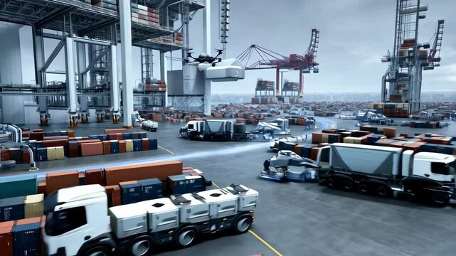 A futuristic container port with autonomous trucks, robotic arms and drones working together to showcase cutting-edge automation in logistics and cargo handling. Future Technologies.