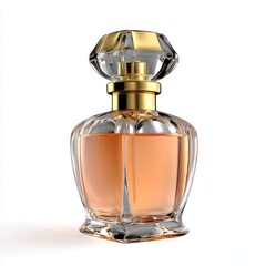Elegant perfume bottle, gold cap isolated on white background