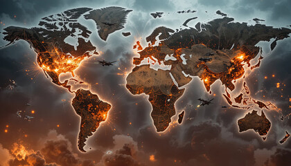 Illuminated world map showcases areas of conflict with fiery hotspots. Aircraft fly overhead, highlighting the intensity of global tensions during a dramatic twilight
