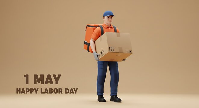 3D Delivery Man Honors Labor Day by Carrying a Package on May First