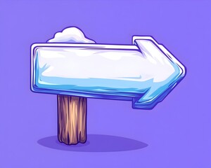 A cartoon icy arrow sign points left, mounted on a wooden post with a small snowdrift on top