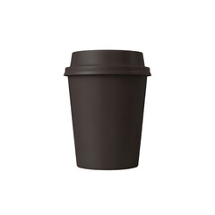 Dark brown disposable coffee cup with lid.