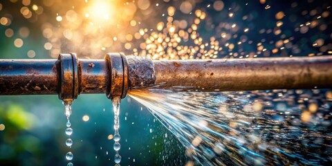 A rusty pipe bursts, spraying water in a dramatic display of leaking fluid, showcasing the urgent need for prompt maintenance and repair of aging infrastructure.