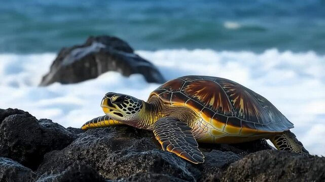 Sea turtle resting on black rocks near crashing ocean waves, close-up view of its patterned shell and head in natural light, marine wildlife, coastal scenery.