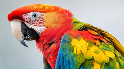 Obraz premium Close-up of a vibrant scarlet macaw, showcasing its colorful plumage and detailed features against a neutral background.