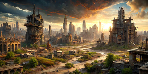 Once a bustling metropolis, the remnants of skyscrapers stand tall against a vibrant sunset, surrounded by overgrown vegetation, hinting at nature's reclamation of the land