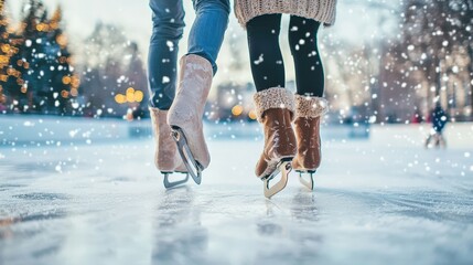 Silhouetted Figure Skater on Frozen Pond - Winter Recreation and Leisure Activity in a Snowy Landscape.