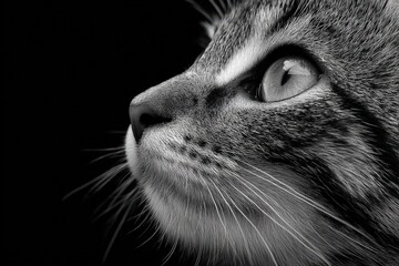 Grey tabby kitten with fur pattern and focused upward gaze captured on black background representing youthful curiosity and domestic feline awareness in pet visual