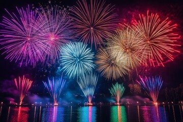 Vibrant Fireworks Display Over Water at Night with Colorful Burst
