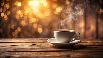 Aromatic Steam Rising from a Cup of Coffee on Rustic Wooden Table with a Warm Golden Bokeh Background