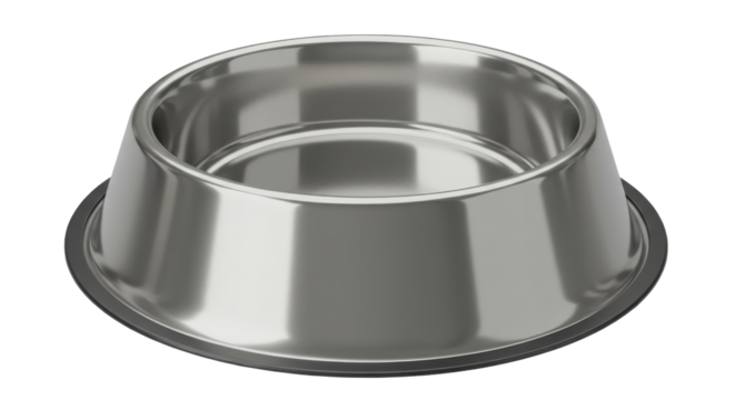 Gleaming metal pet bowl sits alone on a stark black void reflecting light