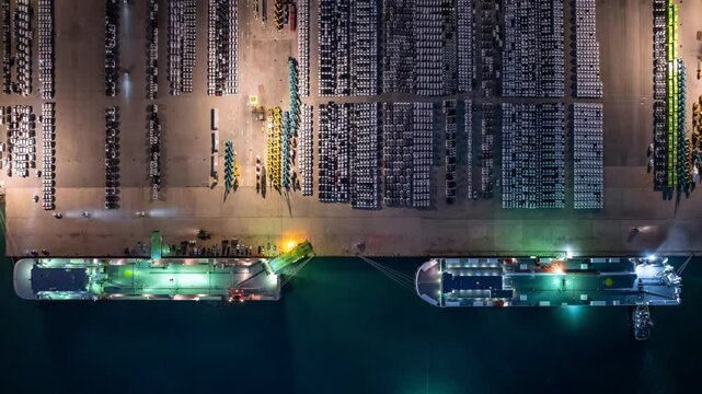 Aerial view Ro Ro ship and new cars at industrial port import export sea freight, New cars shipping logistic retailer dealership, Ro Ro ship sea freight logistic new cars automotive industry business.