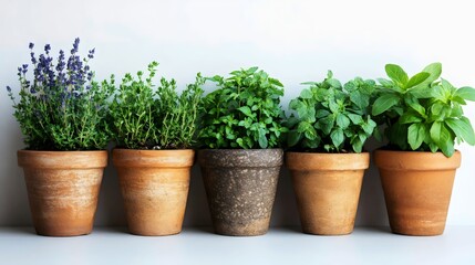 Fototapeta premium Various herbs flourishing in terracotta pots, creating a colorful and fragrant garden.