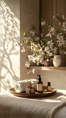 Calm retreat with delicate blossoms and essential oils in a serene spa setting during daylight