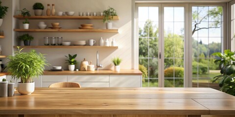 Bright Sunlight Illuminates a Kitchen Table with a Wooden Surface and Lush Greenery