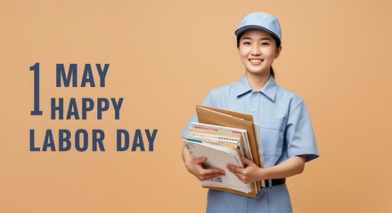 Dedicated postal worker enthusiastically celebrating May 1st Labor Day holiday