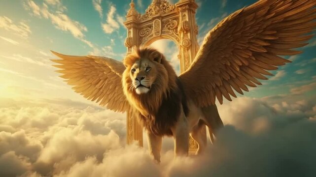 Majestic Winged Lion in a Dreamlike Landscape, Smooth looping for background video animation
