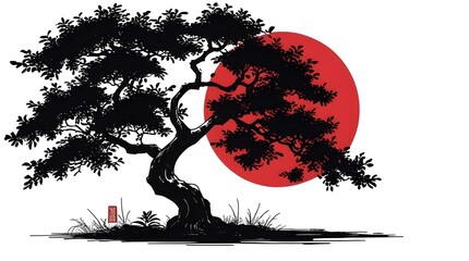 Old Dark Tree with Dense Leaves Illustration 