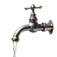 Closeup of a Metal Faucet with Running Water on transparent background