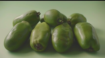 Heap of fresh green unripe hog plums against soft green background