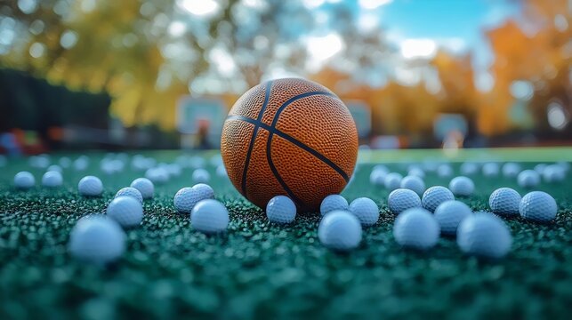 A basketball rests amid a cluster of golf balls, a whimsical juxtaposition on green.