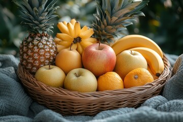 A wicker basket overflowing with ripe pineapples, bananas, apples, Asian pears, and oranges sits on a soft grey fabric.