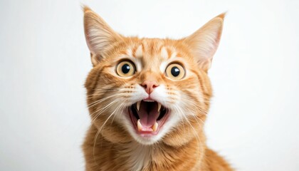 Orange tabby cat with a stunned and joyful expression against a white background, showcasing personality and charm.