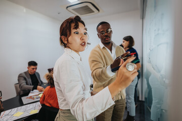 Multiracial business associates collaborate in a dynamic office setting. Diverse employees are seen analyzing and discussing a project together, fostering creativity and teamwork.