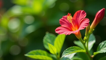 Naklejka premium Beautiful achiote plant with delicate flower in full bloom in a sunny garden, garden, vibrant