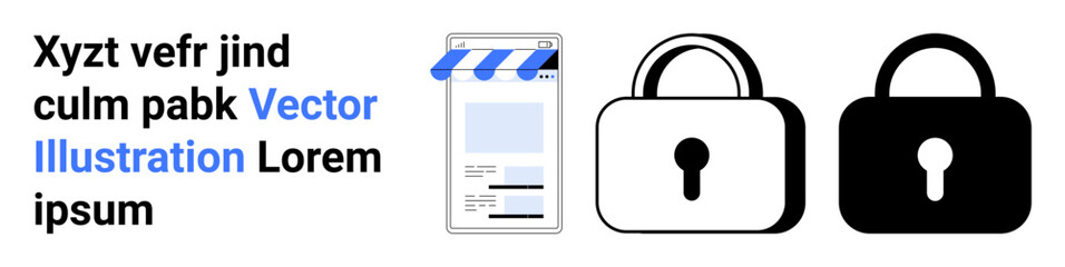 Mobile storefront with blue striped awning next to unlocked and locked padlocks. Ideal for e-commerce, cybersecurity, online privacy, digital marketplace, business branding, user authentication