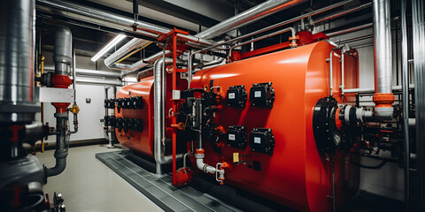 Industrial Room with Large Orange Boilers, Black Gauges, and Overhead Lighting

