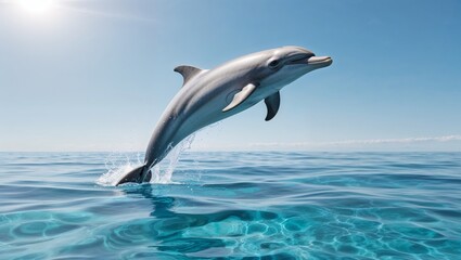 Photorealistic dolphin joyfully jumping out of crystal clear ocean water under bright blue sky in sunny natural light