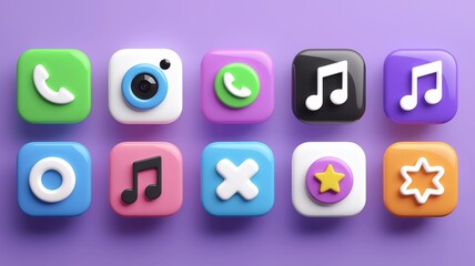 App Icons Set: A vibrant collection of stylized mobile application icons, rendered in a clean, appealing aesthetic. Each icon representing a key application