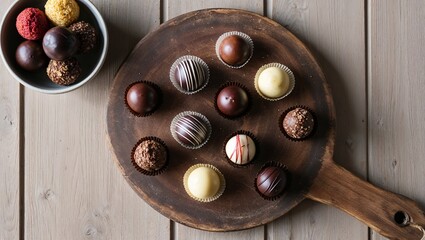 Obraz premium Assorted chocolate truffles on a rustic wooden board, top-down view with natural soft daylight, clean and elegant layout in photorealistic style