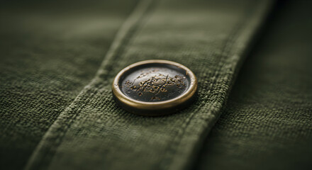 Close Up Of A Textured Green Fabric With A Metallic Button